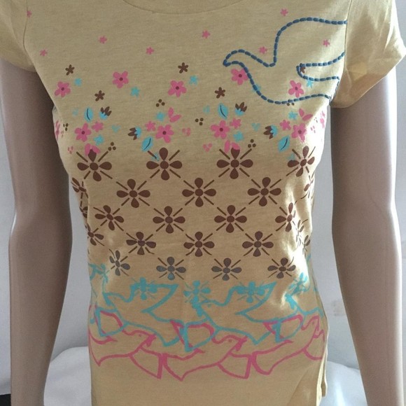 Self Esteem T Shirt Juniors Sizes Tan Puff Paint Fitted DOVES FLOWERS NOS Y2K - Picture 2 of 6